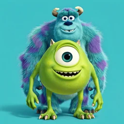 photo of mike wasowski from monsters inc on a plane aqua background.