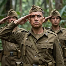 American Military Police saluting the viewer, serious faces, Vietnam War, jungle, highly detailed, 4k, HDR, photograph