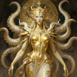 portrait of a corrupted lovecraftian golden humanoid queen in the style of god of war, 8 intricate white and gold tentacles,, intricate, elegant, highly detailed, digital painting, artstation, concept art, smooth, sharp focus, illustration, art by artgerm and greg rutkowski and alphonse mucha, 8 k