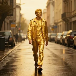golden man walking on a rainy street, golden hours, heat wave, 4 k photoshop