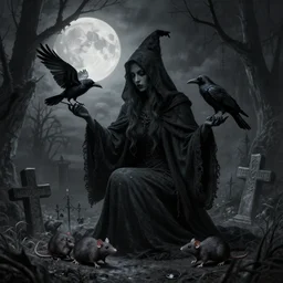 cloaked witch with crow and rats in creepy black sabbath graveyard greyscale fine detail intricate large full moon above with skull face in it