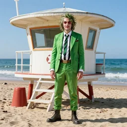 portrait Beetlejuice green as sea lifeguard on the beach, full length shot, shining, 8k highly detailed, sharp focus, illustration, art by artgerm, mucha, bouguereau