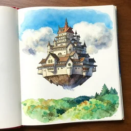 laputa castle in the sky hayao miyazaki flying high in the sky, watercolor illustration for a book