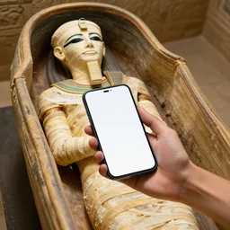 Egyptian mummy in an open sarcophagus, the mummy is holding a pristine smartphone in their hand
