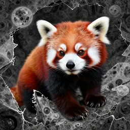 red panda artist,in the style of Earl Norem and Alicia Austin,trending on artstation, broken lighting top view,camcorder effect ,mandelbulb 3d,black and white,Myst ,impressionism ,