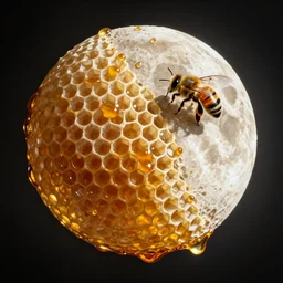 the moon made of honeycomb, full of honey, a bee on the moon