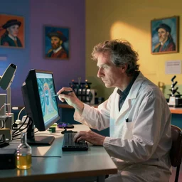 scientist building a computer in a colorful studio by rembrant