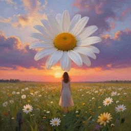 standing under giant daisy flower covering head, full body girl standing in a flower field, surreal photography, sunrise, dramatic light, impressionist painting, colorful clouds, digital painting, artstation, simon stalenhag