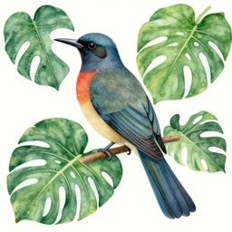 a motmot bird with monstera leaves, in an art nouveau style
