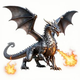 metallic dragon breathing fire, detailed, sharp focus, crisp lines, realistic, fantasy illustration by greg rutkowski