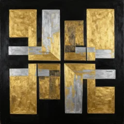 symmetrical, award - winning painting, abstract, gold and silver shapes, rectangles, geometry, elegant, luxurious, beautiful, pitch black background