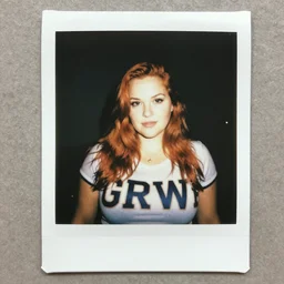 a polaroid of a realistic curvy redhead woman wearing a shirt with the word GRW on it