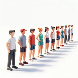 long row of various athletes on clean white background, storyboard art, low poly art,