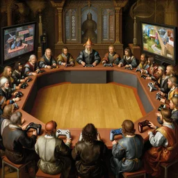 Renaissance painting of a video game tournament. Hyper realism, intricate details, masterpiece.
