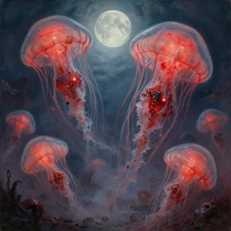 concept art of giant translucent jellyfishes with red light, lovecraftian, lots of teeth, melting horror, round moon, rich clouds, fighting the horrors of the unknown, high resolution, very detailed, roaring, volumetric light, mist, grim, fine art, decaying, textured oil over canvas, epic fantasy art, very colorful, ornate, anato finnstark