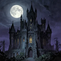 Gothic Castle in front of a full moon by bernie wrightson, horror,