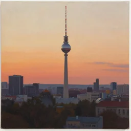 painting of skyline of berlin with television tower at sunset, natural light, concept art, by greg rutkowski, cozy atmospheric and cinematic lighting