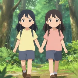 an anime - style portrait of two cute girls walking through the forest while holding hands, anime key visual, round face, trending on pixiv