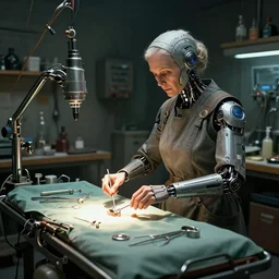 an environmental concept art of a babushka cyberneticist in a cluttered mechanics workshop, surgical implements, surgery table, highly detailed, cinematic, dramatic, cyberpunk