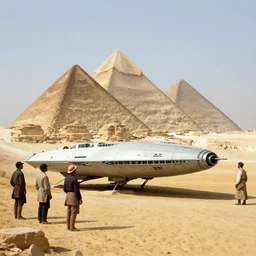 a photo from the early 1800s of people examining a spaceship in front of the Pyramids at Giza