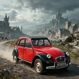 red and black citroen 2 cv ( 1 9 6 5 ) driving across the rift, riften city in the background, epic fantasy, the elder scrolls v : skyrim, dramatic lighting, establishing shot, by simon stalenhag