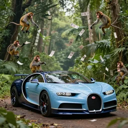 a bugatti in a jungle. monkeys throwing money.