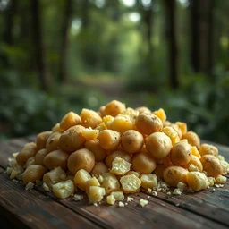 5 5 mm photo of a pile of freshly mushed potatoes on a wooden table in a magical forest. dof. bokeh. magical atmosphere. art by greg rutkowski. highly detailed 8 k. intricate. lifelike. soft light. nikon d 8 5 0.