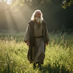 old prophet wandering about a meadow. volumetric light. light scattering.