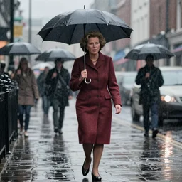 margaret thatcher in torrential rainstorm on london street, full body, atmospheric moody hyper realistic award winning color cinematic still 8 k