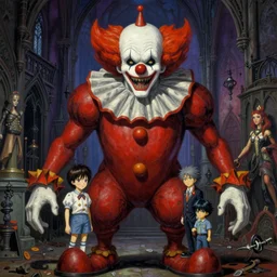 realistic detailed image of Giant Clown Monster by Ayami Kojima, Amano, Karol Bak, Greg Hildebrandt, and Mark Brooks, Neo-Gothic, gothic, rich deep colors. Beksinski painting, part by Adrian Ghenie and Gerhard Richter. art by Takato Yamamoto. masterpiece