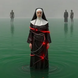portrait, standing in a green lake, woman wrapped around by tubes and cables, nun, glowing red, by edgar maxence and ross tran, zdzisław beksinski, and michael whelan, distant, gustav dore, h. r. giger, 8 k, octane render
