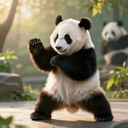 adorable panda cub practicing t'ai chi at the chengdu panda base exhibit, national geographic style, golden hour