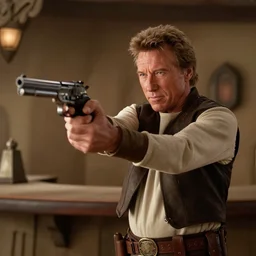 film still of clint eastwood aiming a colt handgun in star wars, he is inside tatooine bar 4 k