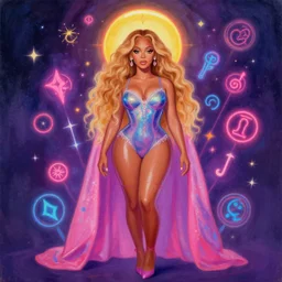 full body portrait of beyonce by mandy jurgens, cartoon, oil painting, visionary art, magic symbols, holy halo, neon ambient lighting, high detail, vibrant colors