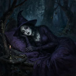 creepy old cursed witch watching you sleep, eerie, haunted, oil painting