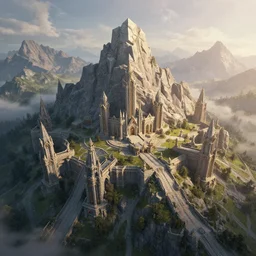 beautiful render of kingdom of larion, unreal engine, fantasy style, first light, majestic mountains, drone shot, soft light, by greg rutkowski, cgsociety