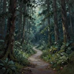 a painting of a one path leading to a mystical creepy forest full of wonders, pine trees, magical atmosphere, trending on artstation, 30mm, by Noah Bradley