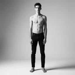 professional black and white studio photo of a skinny man standing in front of a wall