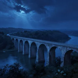 bridge and aqueducts, blue light, blue tones. by henriette ronner - knip, by william henry hunt, by rembrandt, by joseph mallord william turner, by konstantin razumov, concept art,