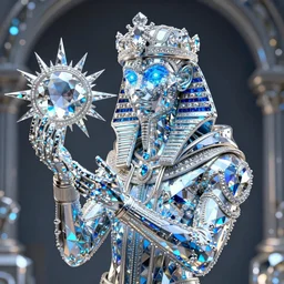 hyper detailed ultra sharp portrait of baroque and bladerunner delicate neon diamond sculpture of seductive albino pharaoh nick jonas, diamond sphinx blue iridescent humanoid deity wearing metallic hoody made out of hands holding the sun prismatic dungeon, glowing blue face, crown of white diamonds, cinematic lighting, photorealistic, octane render 8 k depth of field 3 d