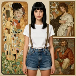 a woman with black hair and long pixie haircut in shorts with suspenders and white t-shirt drawn by maler collier, norman rockwell, frank frazetta, alphonso azpiri, peter paul rubens, alphonse mucha, gustav klimt 4k, unreal 5, DAZ, french noveau, trending on artstation, octane render, hyperrealistic