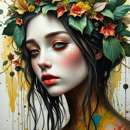 a portrait of beautiful girl by irakli nadar with intricate detailed color smashing fluid oil paint and acrylic, moss and leaves headdress, melting wax, mycelia, abstract impressionism, ruan jia, fantasy, hyper detailed, concept art, by gustav klimt, by sue bryce, by stefab gesell