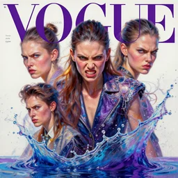 3 d, angry fashion model, splashes, liquid blue and violet water, sun, vogue cover style, poster art, high detail, intricate oil painting, multiple exposure, stanley kubrick mood, hyperrealism, 3 d, by tooth wu and wlop and beeple and greg rutkowski