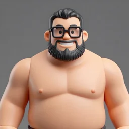 wide plastic action figure of a buff smiling man with stuble full beard, muscular neck, rectangular square shaped glasses and a black bowl cut, wearing a black tshirt, dramatic light, shallow depth of field, blur, out - of - focus background, by kim jung gi, ric estrada, ron english and eiichiro oda