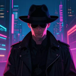 portrait of detecive in the neon noir cyberpunk city man in black hat, epic portrait illustration