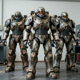 photo taken of an epic intricate, ultra detailed, super realistic gritty, hero prop, exquisitely weathered very clunky, bulky fallout 5 power armour suits movie prop replica's in a row in the workshop, created by weta workshop, full body shot, photorealistic, sharp focus, white wall, cold colour temperture, golden ratio