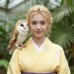 photo portrait of very pretty!!! woman!!!, wearing a yellow kimono!!, young blonde female.. symmetric face!. round detailed eyes!!, slight smile. a very detailed barn owl!!!! on her shoulder!!!. in a tropical greenhouse. elegant, highly detailed, symmetry, smooth, sharp focus, aero ektar lens. bo