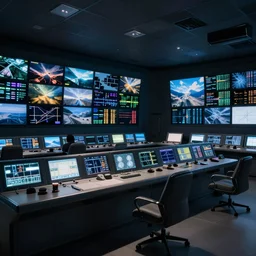 control room with lots of screens and panels and glowing lights, realistic, detailed, intricate