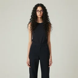 a tall, stick - thin, young woman with long, curly black hair and glasses, gawky figure
