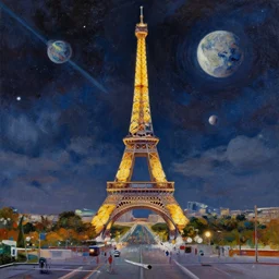 palette knife oil painting of paris in outer space